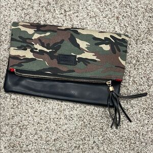 Green and Black Camouflage Clutch with Gold Zipper